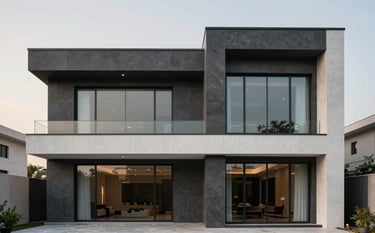 A modern, minimalist architectural facade of a luxury villa in Lahore. The design features clean lines, charcoal grey and white stone textures, and floor-to-ceiling glass windows. Elegant South Asian / Pakistani residential architecture under a warm evening sky.