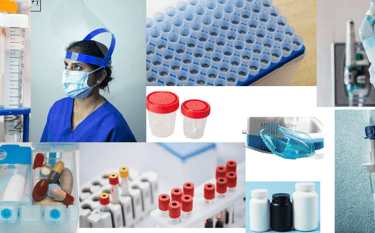 a collage of images of plastic  medical equipment made through injection molding