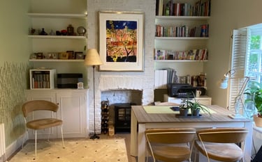 Home office with muted colours, textured and decluttered