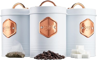 three canisters with coffee beans and sugar cubes