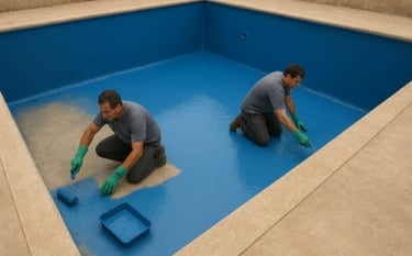 Técnico de EA Masterplas aplicando capa de fibra de vidrio para reparar fugas en la base de la pileta.