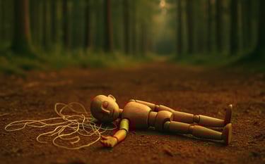 a wooden doll laying on the ground in a forest