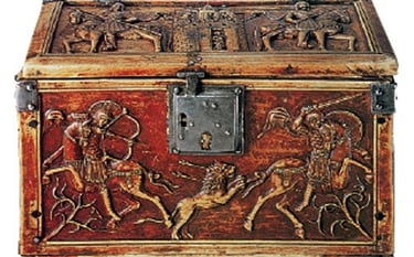 κυνήγι λιονταριού σε βυζαντινή ελεφαντοστέινη κοσμηματοθήκη (θησαυρός καθεδρικού ναού Tzoyes, της Γα