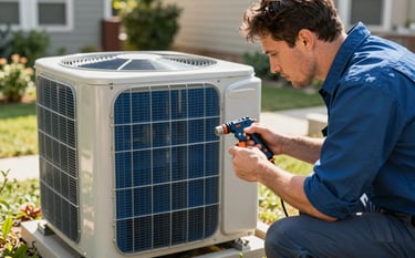 Photography of a skilled technician inspecting an outdoor steel blue AC condenser unit with specialized tools. Set in a well-maintained North American / US suburban garden during a sunny day. Natural lighting, sharp focus on technical expertise and reliable service.