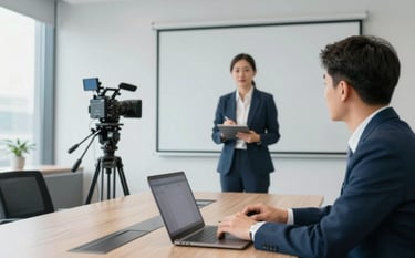 Professional hybrid meeting setup in a modern Bogor corporate office. A single high-end 4K camera on a tripod directed at a speaker, professional lighting, and a technical operator monitoring the stream on a laptop. Clean, minimal aesthetic with accents of #0E1C28 and #6DA4BF in the environment.