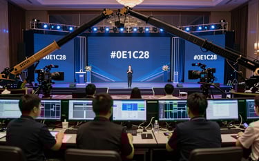 Large-scale ballroom event production with 4 cameras, including a jib crane and stabilizers. A full technical crew operating a complex control desk with professional monitoring displays. Premium atmosphere with elegant event branding and #0E1C28 color palette.