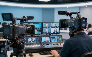 A dynamic multi-camera live streaming production setup for a seminar. Two professional cameras from different angles, a video switcher operator with multiple monitors showing different views. Professional broadcast atmosphere, soft blue studio lighting (#2D5D7C) and modern furniture.