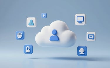 A conceptual 3D render of cloud storage nodes and digital education icons floating in a clean space. Soft, professional lighting using #8BA8B6 and #F5F8FA, depicting secure and accessible data for EdTech and large-scale asset management.