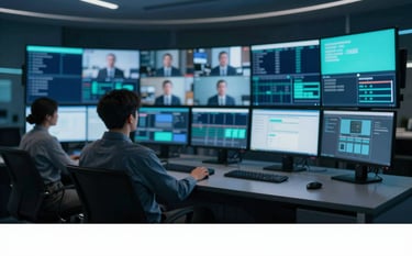 A modern broadcast control room featuring multiple high-definition monitors displaying streaming data and video feeds. Professional atmosphere with dark blue finishes (#0A1D2B) and teal ambient lighting (#2C5F6F), emphasizing real-time reliability and media expertise.