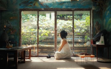Person in a white dress sitting on the floor, peacefully looking out a large window into a lush gard