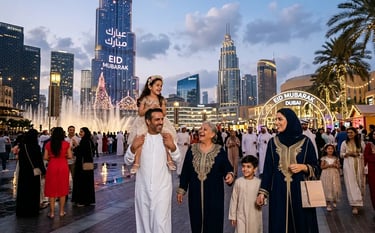 Happy family celebrating Eid Mubarak in front of the Burj Khalifa and Dubai Fountain at night.