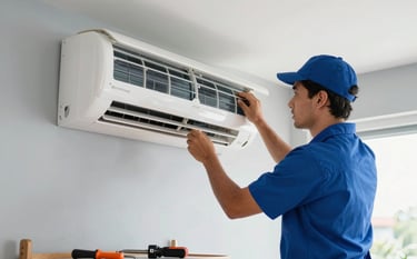 Professional HVAC technician in a clean uniform installing a modern white split air conditioning unit on a light gray wall in a bright South American apartment. Precision tools are visible on a work mat below, natural morning light, clean and professional atmosphere.