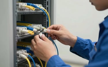 Close-up photography of a professional technician's hands in a clean blue uniform working on structured cabling in a high-tech office environment. Soft grey and off-white background. International English setting.