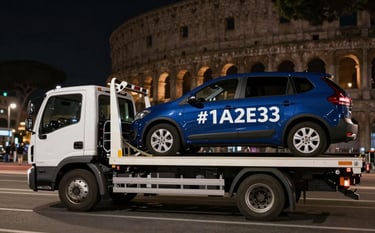 A high-quality tow truck (carroattrezzi) loading a car safely at night in Rome. The lighting is efficient and professional, with brand colors #1A2E35 and #3F5B66 visible in the truck's design.