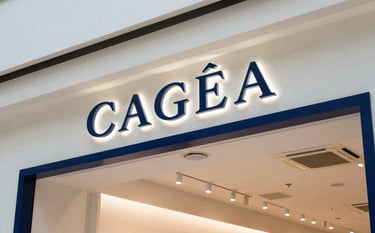 Architectural photography of a contemporary retail store in a South American shopping mall. The shot focuses on elegant interior branding and back-lit signage, using medium blue and off-white tones to highlight a sophisticated shopping environment.