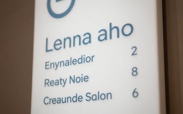 Close-up photography focusing on a minimalist and sleek directory sign inside a luxury Brazilian beauty salon. The design features crisp typography, light blue accents, and high-quality materials, reflecting an innovative aesthetic.