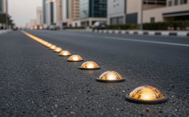 A perspective shot of a clean urban road in a Saudi Arabian city featuring installed cat's eyes road studs reflecting light, with a blurred background of a modern commercial district, demonstrating safety and infrastructure solutions.