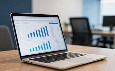 A close-up of a high-end laptop on a wooden desk in a British office, displaying clear marketplace sales graphs and data analytics. Out-of-focus background shows a bright, minimalist office space with dark navy and light blue accents.