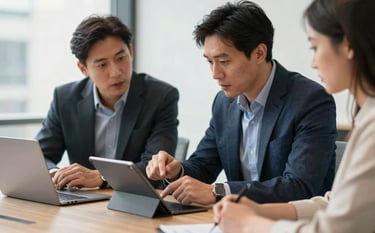 A professional meeting in a London office setting. Two business partners in smart-casual attire are discussing a project over a tablet. Natural light, professional mood.