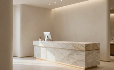 A high-end, minimalist aesthetic clinic interior with soft alabaster walls, a sleek marble counter, and warm stone accents. The lighting is soft and natural, emphasizing a clean and professional environment.