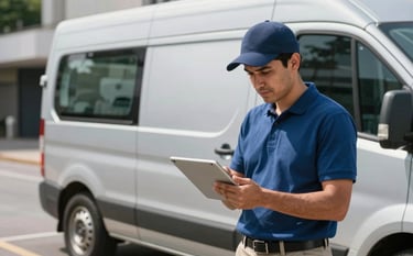 A professional South American delivery operator checking a tablet next to a modern silver cargo van in a clean urban South American setting. Style is clean, bright, and emphasizes efficiency.