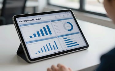 A close-up of a modern tablet displaying a professional management dashboard with charts and graphs, resting on a clean office desk in a bright South American office. Soft natural lighting, Alice blue and Steel blue highlights on screen.