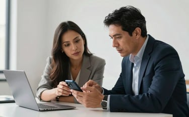 Two South American professionals in a clean, minimalist workspace discussing information on a smartphone screen. The lighting is crisp and modern, reflecting a sense of efficiency and innovation.