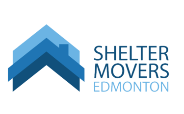 a blue and white logo for shelter movers