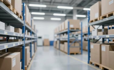 A wide-angle, clean shot of a modern, organized fulfillment center. The lighting is bright and industrial-chic, focusing on moving boxes and high-tech shelving. Colors include #F7F9FC backgrounds with #3C6281 accents, conveying efficiency and global scale.