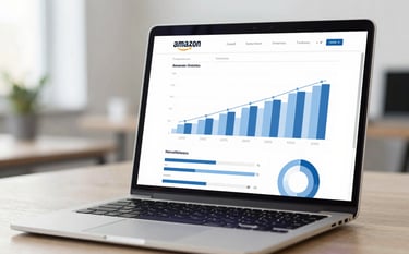 A high-end, close-up shot of a modern laptop screen displaying professional Amazon brand analytics and growth charts. The environment is a bright, sophisticated office. The color scheme incorporates #A8C0D4 and #0B243B for a professional, data-driven feel.