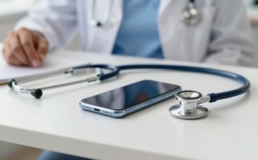 A close-up photograph of a modern smartphone and stethoscope on a clean white desk, with a blurred South American medical professional in the background. The scene is bright and professional, utilizing a medium blue and white color palette.