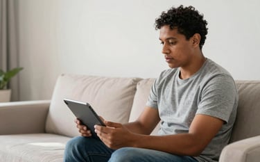 A South American patient sitting comfortably in a modern, clean living room in Brazil, using a tablet to speak with a medical specialist. The lighting is bright and airy, reflecting a sense of ease and trust in the digital healthcare process.