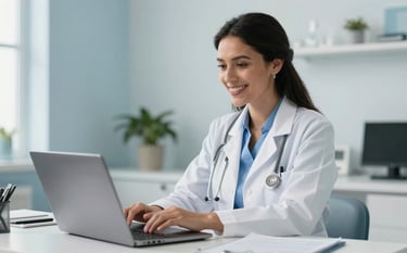 A professional South American female doctor in a clean, modern medical office, smiling warmly while interacting with a laptop during a video consultation. The room is filled with soft natural light and the atmosphere is calm and professional, featuring pale blue and white accents.