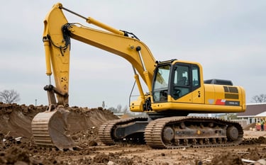 Low angle shot of a clean, modern yellow excavator working on a tidy excavation site in Central Europe. The soil is neatly organized, and professional safety equipment is visible. Cinematic lighting, corporate aesthetic, emphasizing Swiss-level precision and order.