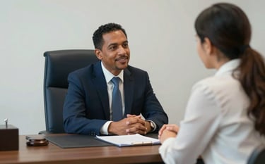 A high-end legal office setting. An empathetic attorney of diverse background sits at a desk with a Hispanic family, listening intently. Warm, professional lighting with color accents of #0E2A47 in the chair upholstery and #F5F8FA in the walls. The scene conveys support and trust.