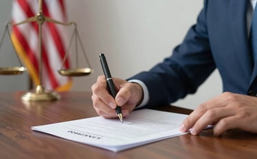 Close-up of professional hands signing immigration documents on a mahogany desk. In the background, a soft-focus American flag and a legal scale. The color palette incorporates #3D5A7F and #8BA0B3, emphasizing competence and order.