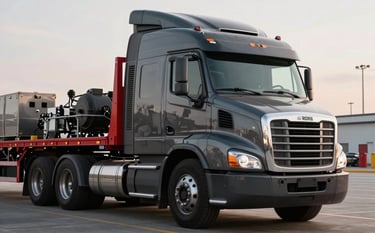 A heavy-duty charcoal Freightliner truck with a flatbed trailer carrying industrial equipment in a North American logistics terminal, sharp focus, professional commercial style with deep red accents.