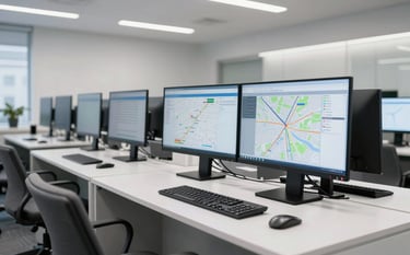 A sleek modern dispatch office in North America with high-resolution monitors displaying logistics routes and maps, clean white desks, professional grey seating, and bright corporate lighting.