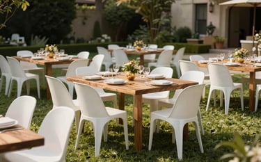 Modern photography of a luxury event rental setup in a North American garden. High-quality white resin chairs and polished wooden tables are arranged neatly on a manicured lawn. The lighting is soft afternoon sun, emphasizing a sophisticated and celebratory atmosphere with cream and muted gold accents.