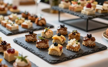 Sophisticated North American catering display featuring gourmet hors d'oeuvres. The scene is set in an elegant indoor venue with slate blue and cream colors. Close-up shot with shallow depth of field, highlighting the exquisite culinary presentation and modern celebratory mood.