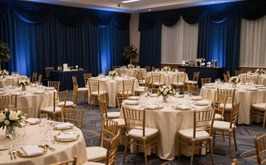 Wide-angle photography of a beautifully orchestrated North American ballroom gala. The room features elegant navy blue drapery, tables set with cream linens and gold-rimmed china, and soft ambient slate blue lighting. The atmosphere is one of effortless elegance and professional reliability.