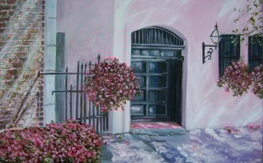 art of street door and wall, floral, pink