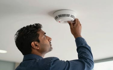 Close-up photography of a professional South Asian engineer mounting a modern smoke detector to a white ceiling in a corporate office in India. The composition is sharp and focused, using soft natural light and a medium blue and off-white palette.