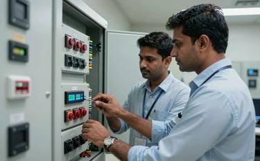A photography shot of two South Asian engineers working on an addressable fire alarm control panel in a high-tech control room in India. They are focused on the interface, with the glowing digital display visible. Professional and authoritative atmosphere.