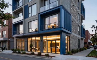 A professional photography shot of a high-tech community center in a North American / US urban neighborhood. The building features modern architecture with steel blue highlights and sustainable design elements. The lighting is soft and forward-thinking.