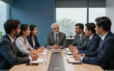 A group of South Asian professionals in business attire engaged in a strategic discussion around a modern conference table in Bangalore. The environment is sophisticated with slate blue accents and large windows. Professional documentary style.