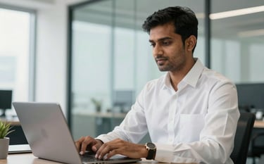 A professional South Asian male Chartered Accountant in a crisp white shirt working in a modern, sunlit Mumbai office. The background features clean glass walls and subtle deep navy and muted teal office decor. High-quality corporate photography.