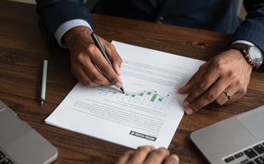 A high-angle shot of a South Asian professional's hands reviewng a detailed financial growth chart and contract on a dark wooden desk. The lighting is focused and warm, with deep navy and pale mist stationery nearby.