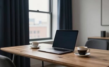 A high-end, minimalist home office in a Toronto apartment. A clean wooden desk holds a premium slim laptop and a cup of coffee. Soft natural light through a large window, professional atmosphere with deep charcoal navy and off-white accents.