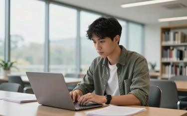 A Canadian student focused on a laptop in a modern, bright library with large glass walls. The setting is clean and minimalist, showing a student using AI tools to organize notes. Soft natural lighting, professional and calm mood.